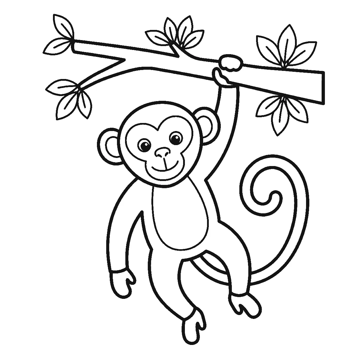 Een aap hangt aan één arm uit een tak met blaadjes, met het hoofd naar de kijker gedraaid, twee ronde ogen, ronde oren en een lange krullende staart, in zwarte lijnen op een witte achtergrond.