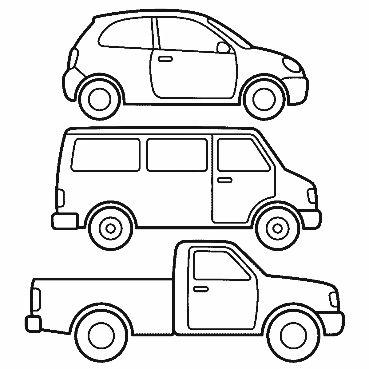 Drie auto's van opzij onder elkaar: een kleine hatchback, een busje en een pick-uptruck, elk met ronde wielen en een leeg portier, getekend in zwarte lijnen op een witte achtergrond.