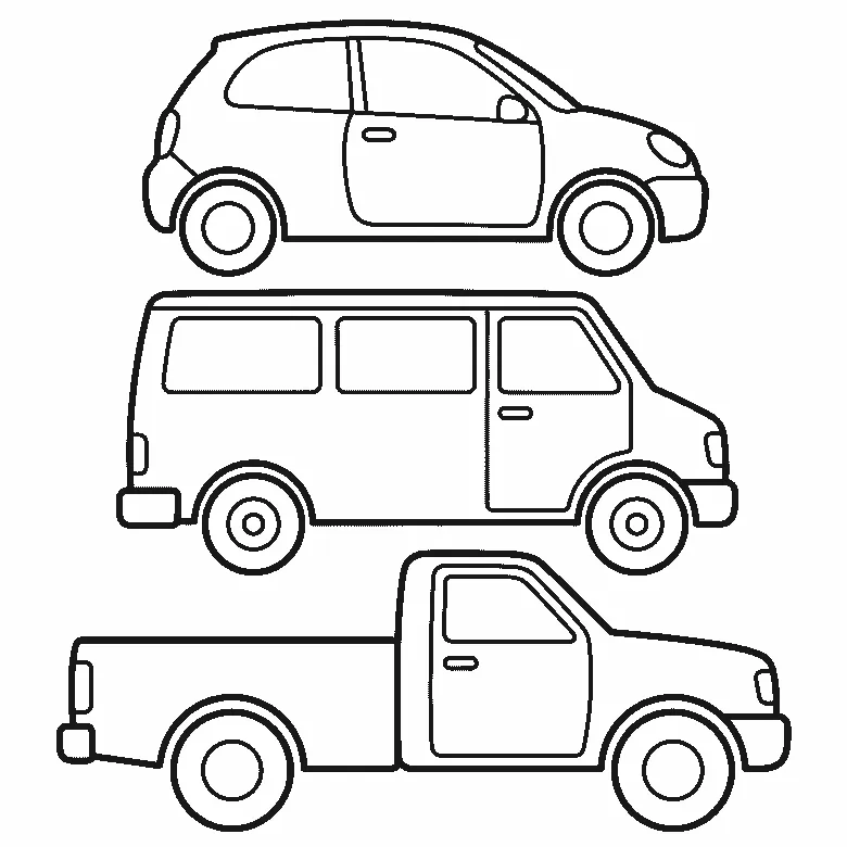 Drie auto's van opzij onder elkaar: een kleine hatchback, een busje en een pick-uptruck, elk met ronde wielen en een leeg portier, getekend in zwarte lijnen op een witte achtergrond.