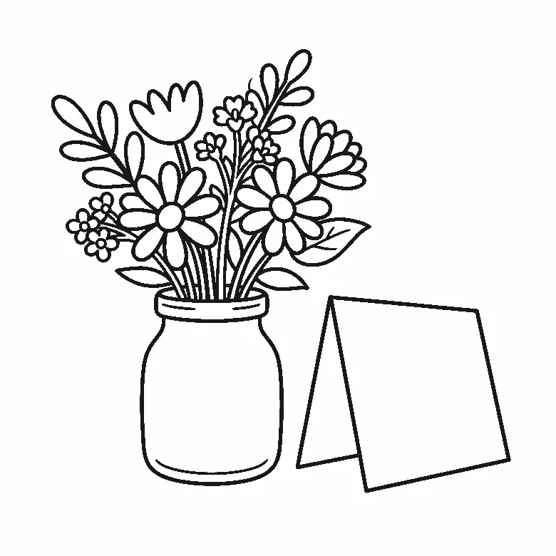Een boeket bloemen met madeliefjes, een tulp en takjes staat in een brede pot, met een leeg opengeklapt kaartje ernaast, getekend in zwarte lijnen op een witte achtergrond.