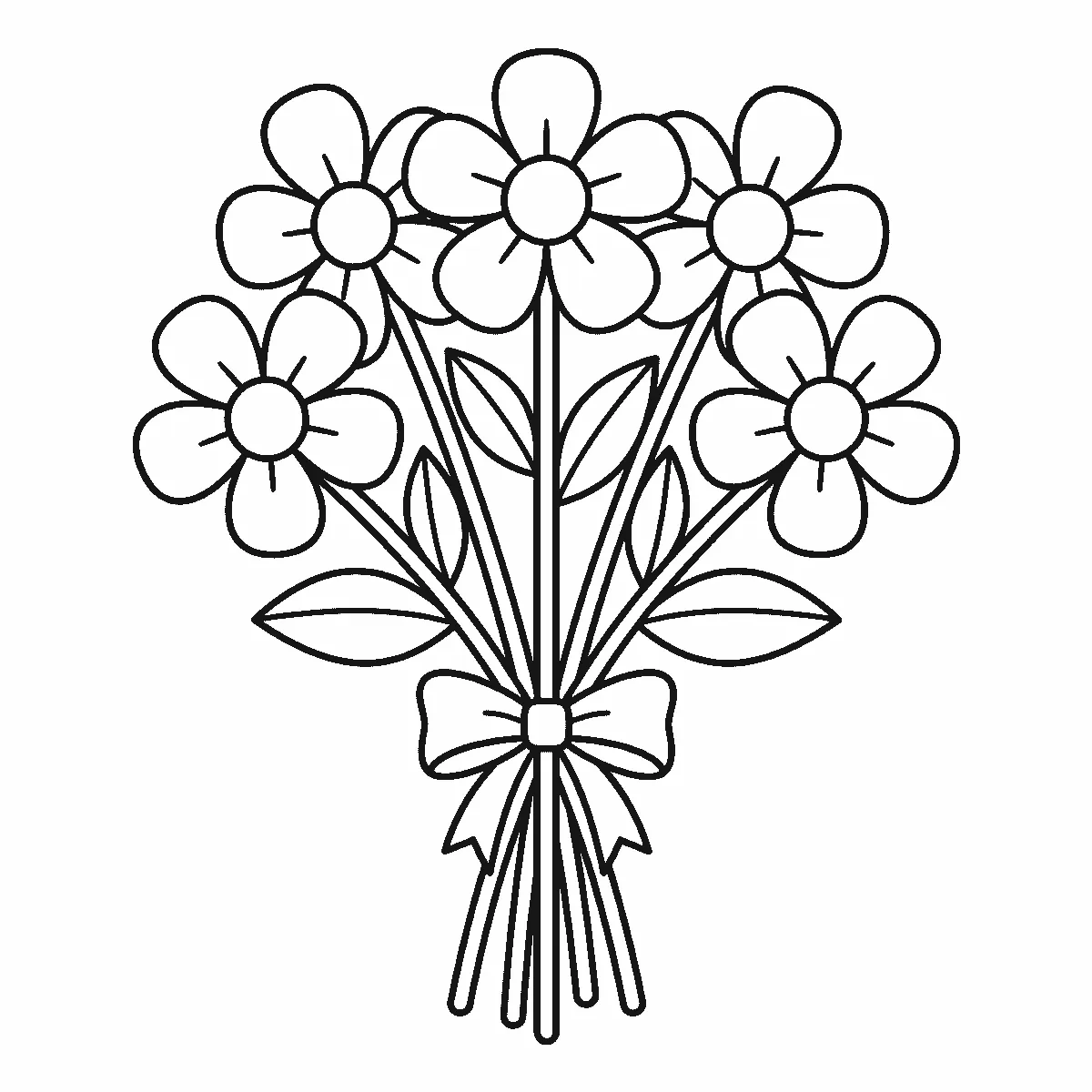 Een boeket van vijf bloemen met ronde bloemblaadjes, lange stelen en brede bladeren staat rechtop en is bijeengebonden met een strik, getekend in zwarte lijnen op een witte achtergrond.