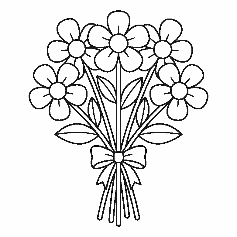 Een boeket van vijf bloemen met ronde bloemblaadjes, lange stelen en brede bladeren staat rechtop en is bijeengebonden met een strik, getekend in zwarte lijnen op een witte achtergrond.