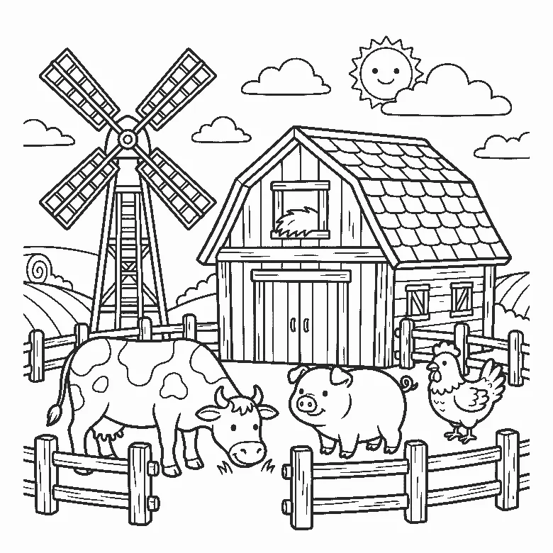Een boerderijtafereel toont een schuur met windmolen en hek, met een grazende koe, een varken, een kip in profiel en een lachende zon, elk met duidelijk getekende ogen, in zwarte lijnen op een witte achtergrond.