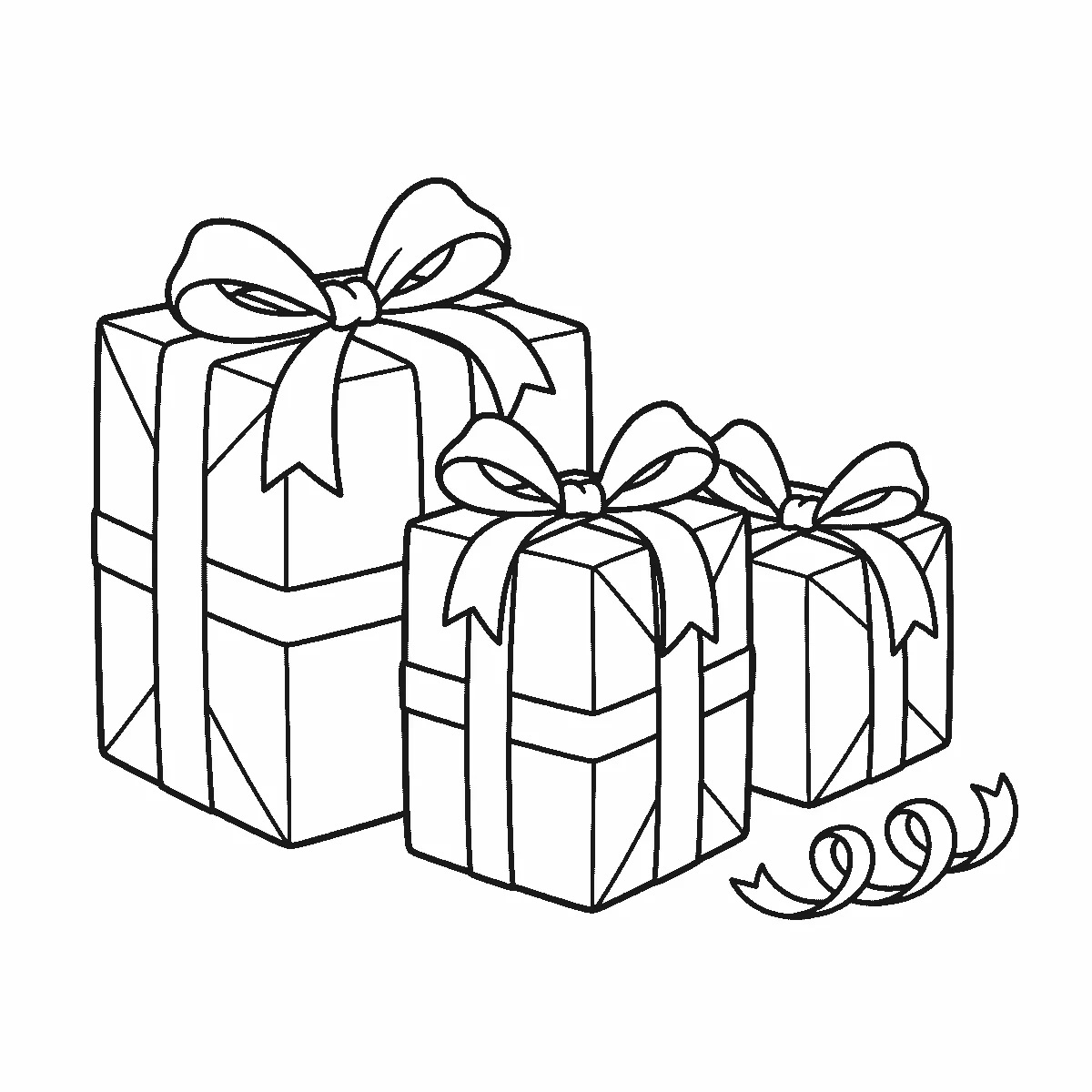 Drie ingepakte cadeaus van verschillend formaat staan naast elkaar, elk met een lint over het pakpapier en een grote strik bovenop, en een losse krul lint ernaast op de grond, in zwarte lijnen op een witte achtergrond.