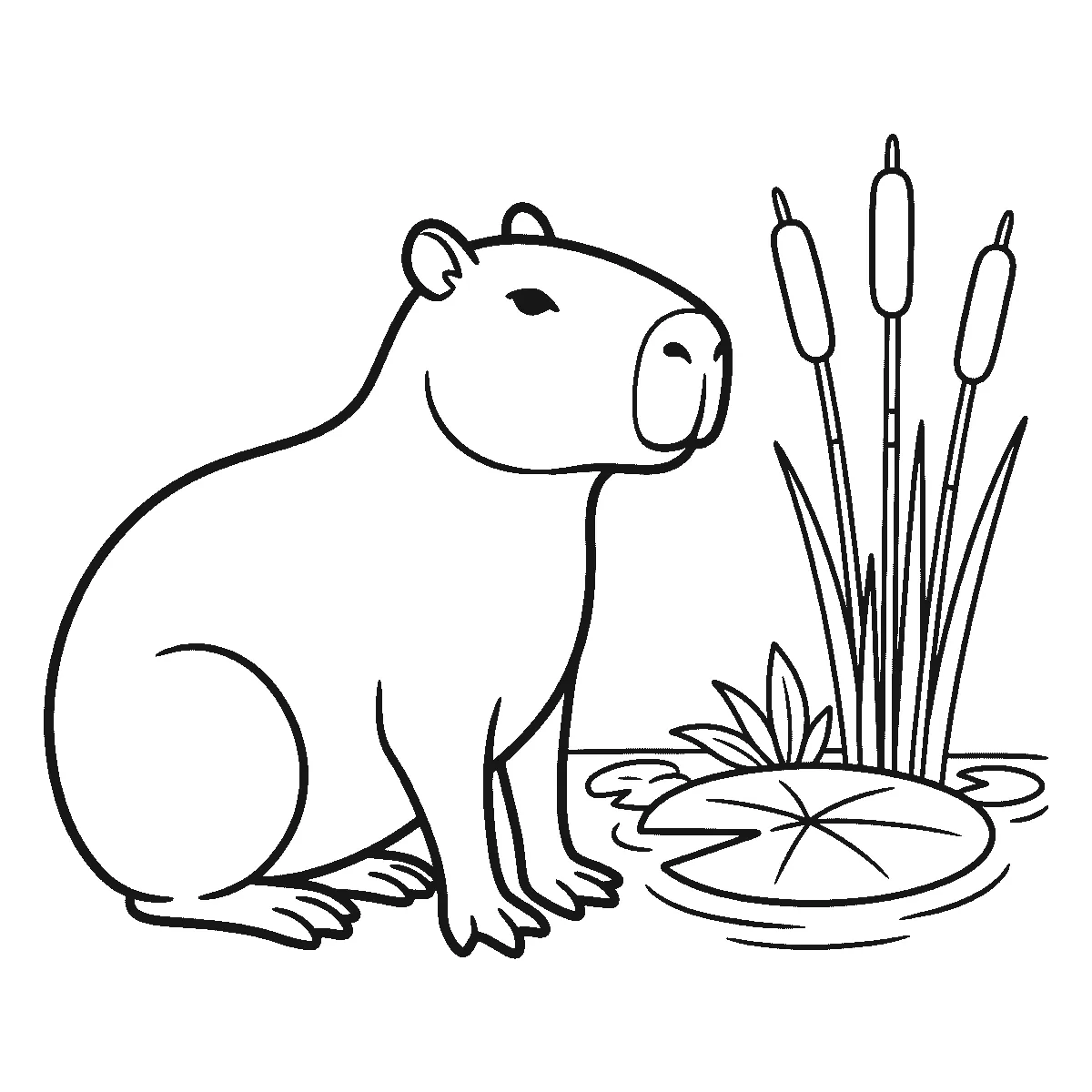 Een capibara zit in profiel met één oog, een brede afgeronde snuit en kleine oren, naast rietstengels en een waterlelieblad, in zwarte lijnen op een witte achtergrond.