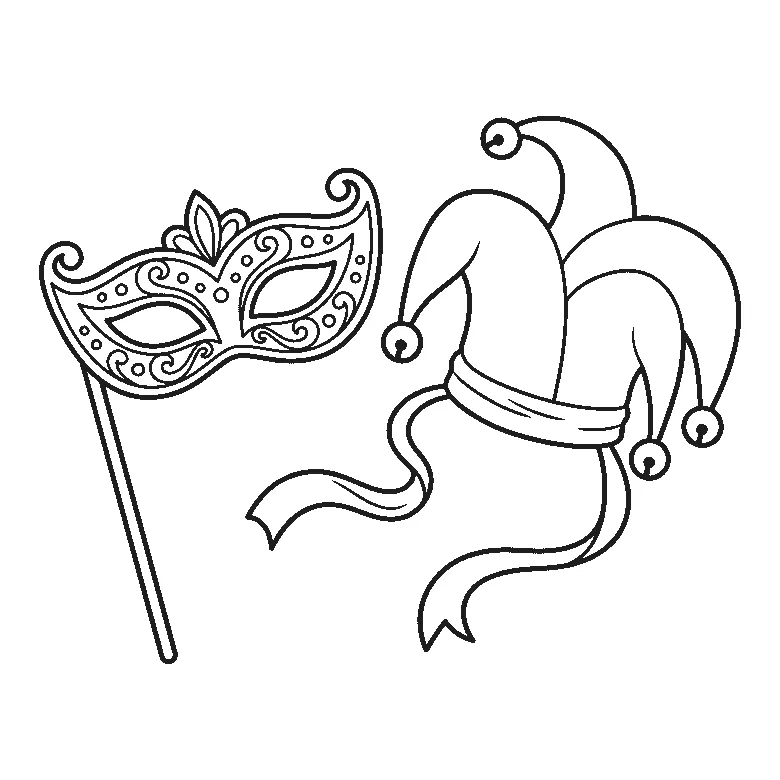 Een versierd oogmasker aan een stokje ligt naast een narrenmuts met belletjes aan de punten en twee golvende linten, zonder gezicht achter het masker, getekend in zwarte lijnen op een witte achtergrond.