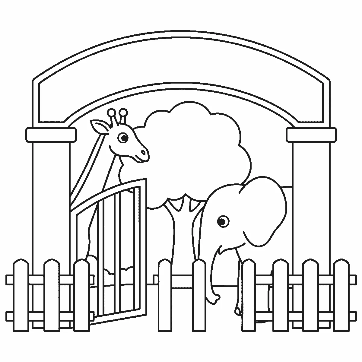 Een dierentuiningang met een openstaand hek toont een giraf in profiel met één oog en een olifant in profiel met één oog en een groot oor, met een boom ertussen, in zwarte lijnen op een witte achtergrond.