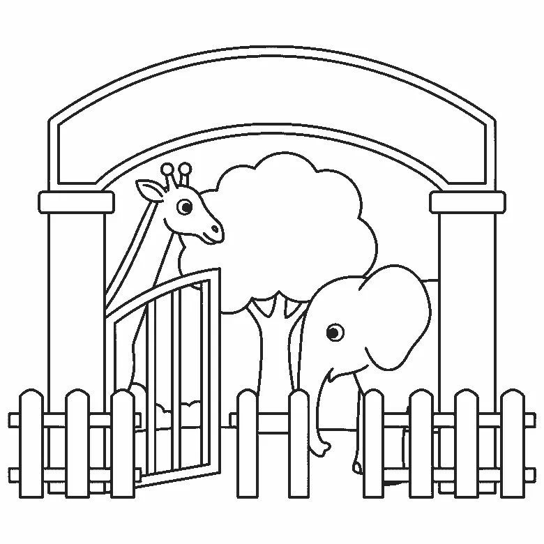 Een dierentuiningang met een openstaand hek toont een giraf in profiel met één oog en een olifant in profiel met één oog en een groot oor, met een boom ertussen, in zwarte lijnen op een witte achtergrond.