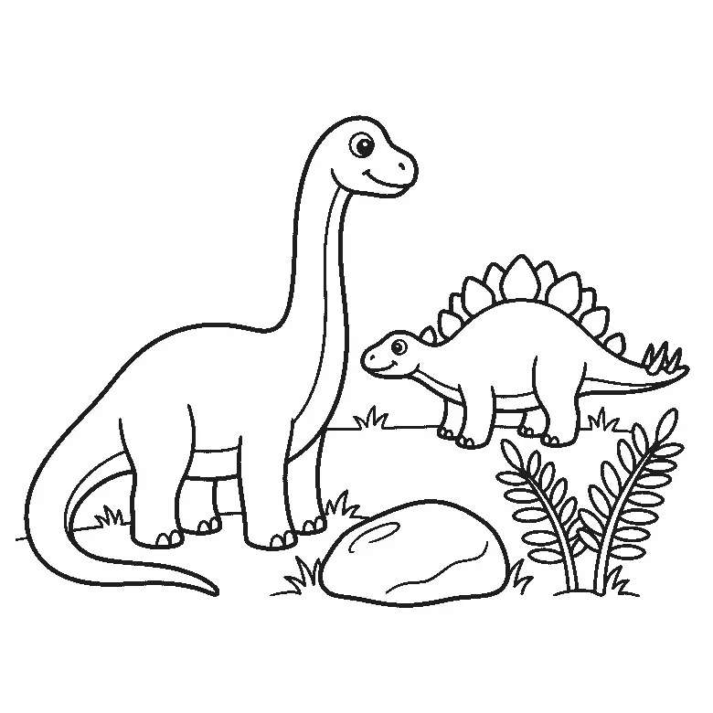 Twee dinosaurussen, van opzij getekend, staan naast elkaar, een met een lange hals en een kleinere met een stekelrug, beide met één oog, bij varens en een rots, in zwarte lijnen op een witte achtergrond.