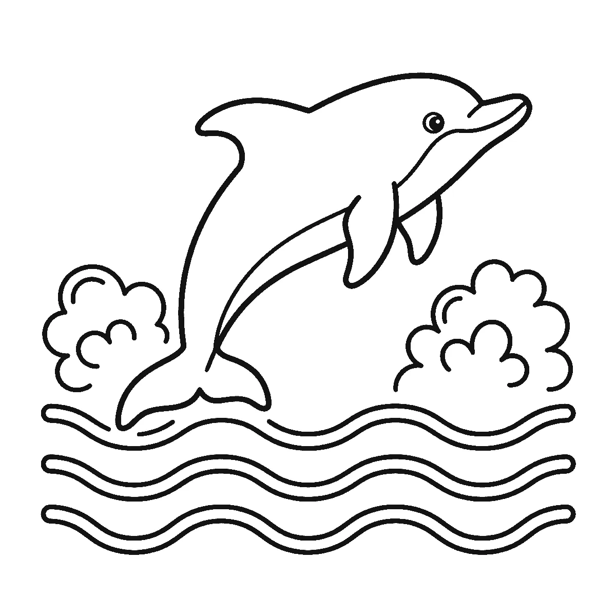 Een dolfijn springt in profiel boven drie golvende lijnen, met één oog, een gebogen rugvin en een brede staartvin, terwijl aan weerszijden een ronde waterplons opspat, in zwarte lijnen op een witte achtergrond.