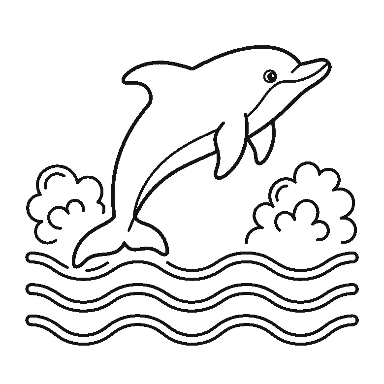 Een dolfijn springt in profiel boven drie golvende lijnen, met één oog, een gebogen rugvin en een brede staartvin, terwijl aan weerszijden een ronde waterplons opspat, in zwarte lijnen op een witte achtergrond.