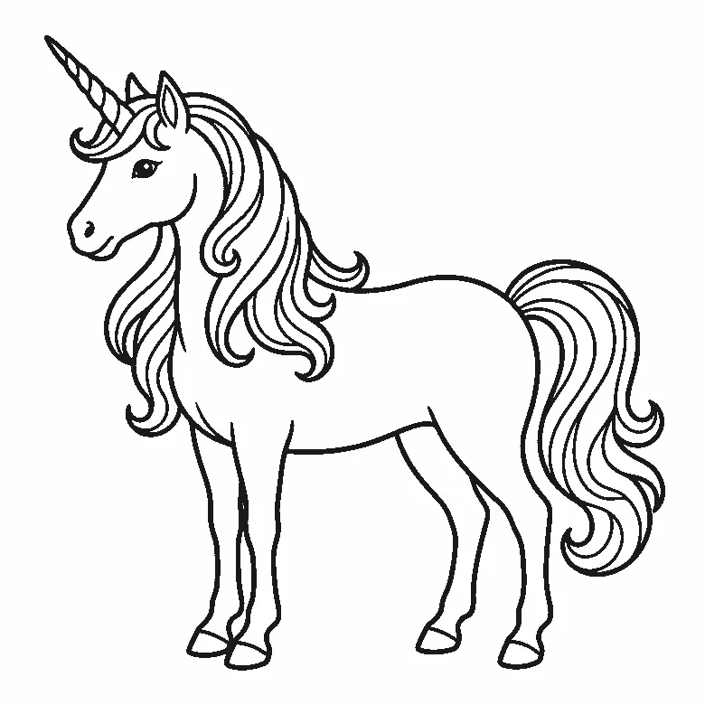Een eenhoorn staat zijdelings afgebeeld met één duidelijk zichtbaar oog, lange golvende manen en staart en een gedraaide hoorn op het voorhoofd, getekend in zwarte lijnen op een witte achtergrond.