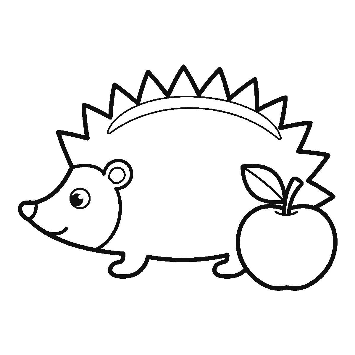 Een egel loopt van opzij afgebeeld met één oog, een puntig snuitje en een rug vol driehoekige stekels, naast een appel met een blaadje, in zwarte lijnen op een witte achtergrond.