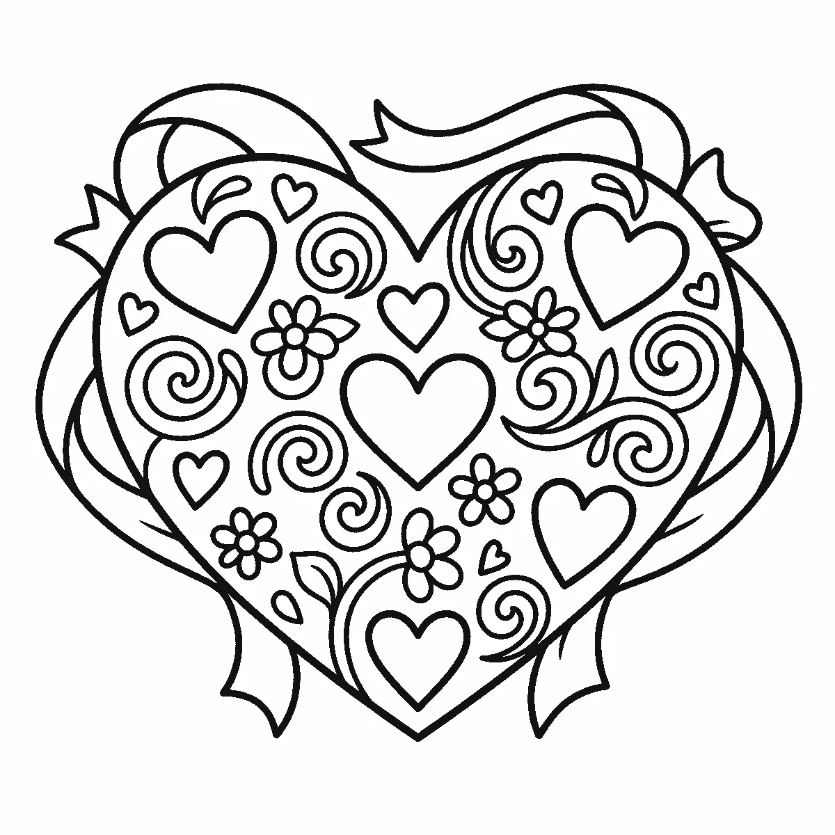 Eén groot hart is gevuld met kleinere hartjes, sierlijke krullen en eenvoudige bloemvormen, en wordt omlijst door een lint, getekend in zwarte lijnen op een witte achtergrond.