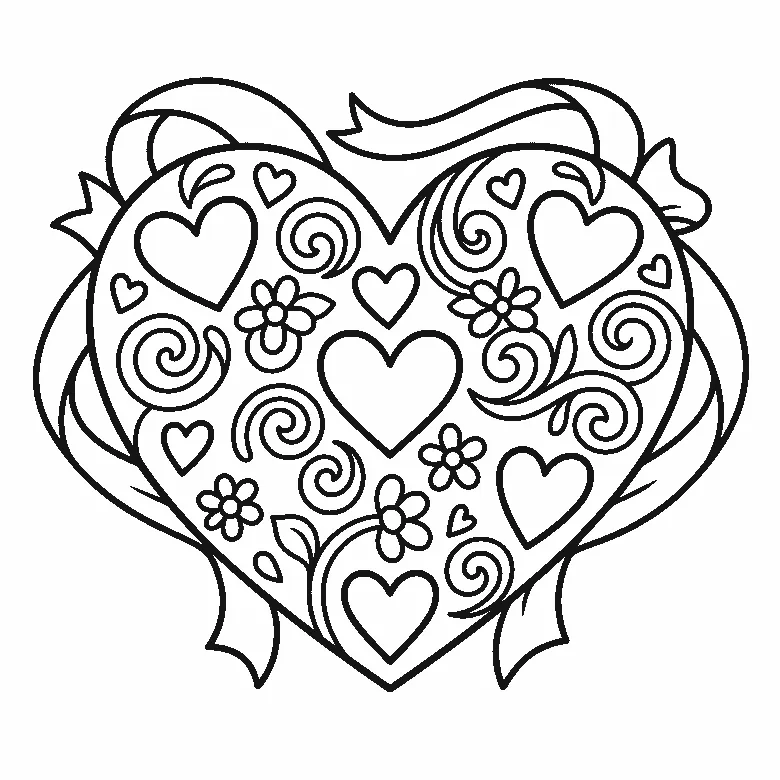 Eén groot hart is gevuld met kleinere hartjes, sierlijke krullen en eenvoudige bloemvormen, en wordt omlijst door een lint, getekend in zwarte lijnen op een witte achtergrond.
