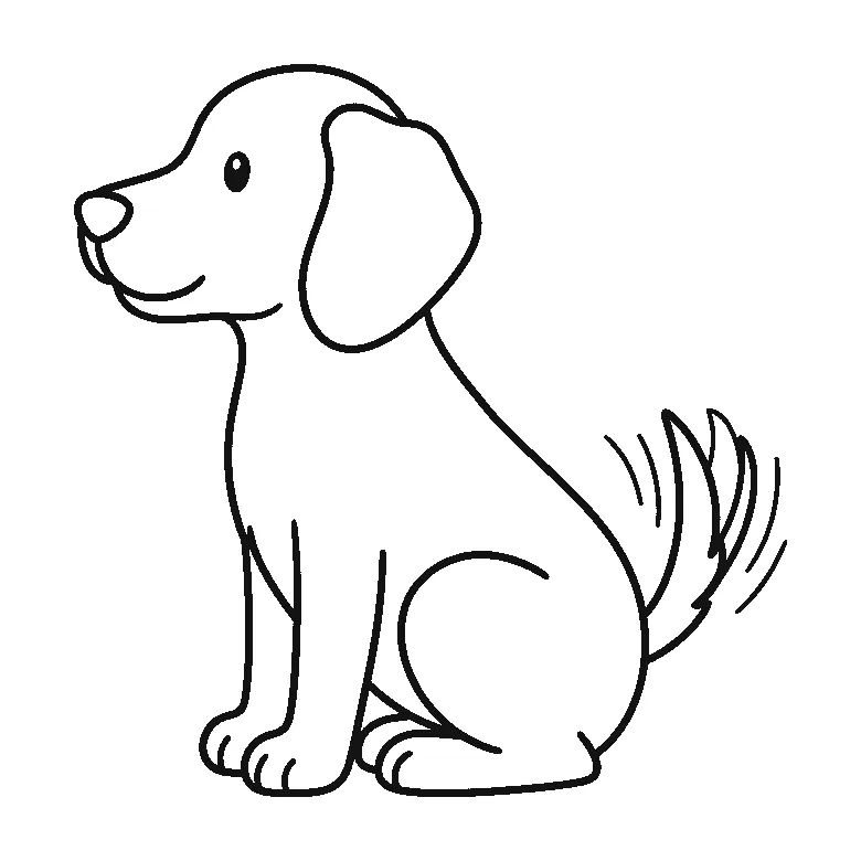 Een hond zit in zijaanzicht, met één zichtbaar rond oog, een groot hangoor en een kwispelende staart met bewegingslijntjes, in zwarte lijnen op een witte achtergrond.