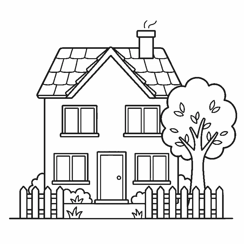 Een vrijstaand huis met een puntdak, een schoorsteen, een voordeur en vier ramen staat achter een tuinhek, met een boom ernaast, getekend in zwarte lijnen op een witte achtergrond.