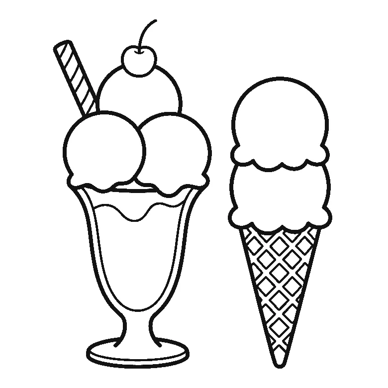Een ijscoupe in een hoog glas met drie bolletjes ijs, een wafeltje en een kers bovenop staat naast een hoorntje met twee bolletjes ijs, getekend in zwarte lijnen op een witte achtergrond.