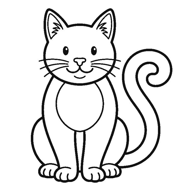 Een kat zit rechtop en kijkt recht naar voren, met twee ronde ogen, lange snorharen en een dikke krul in de staart, getekend in zwarte lijnen op een witte achtergrond.