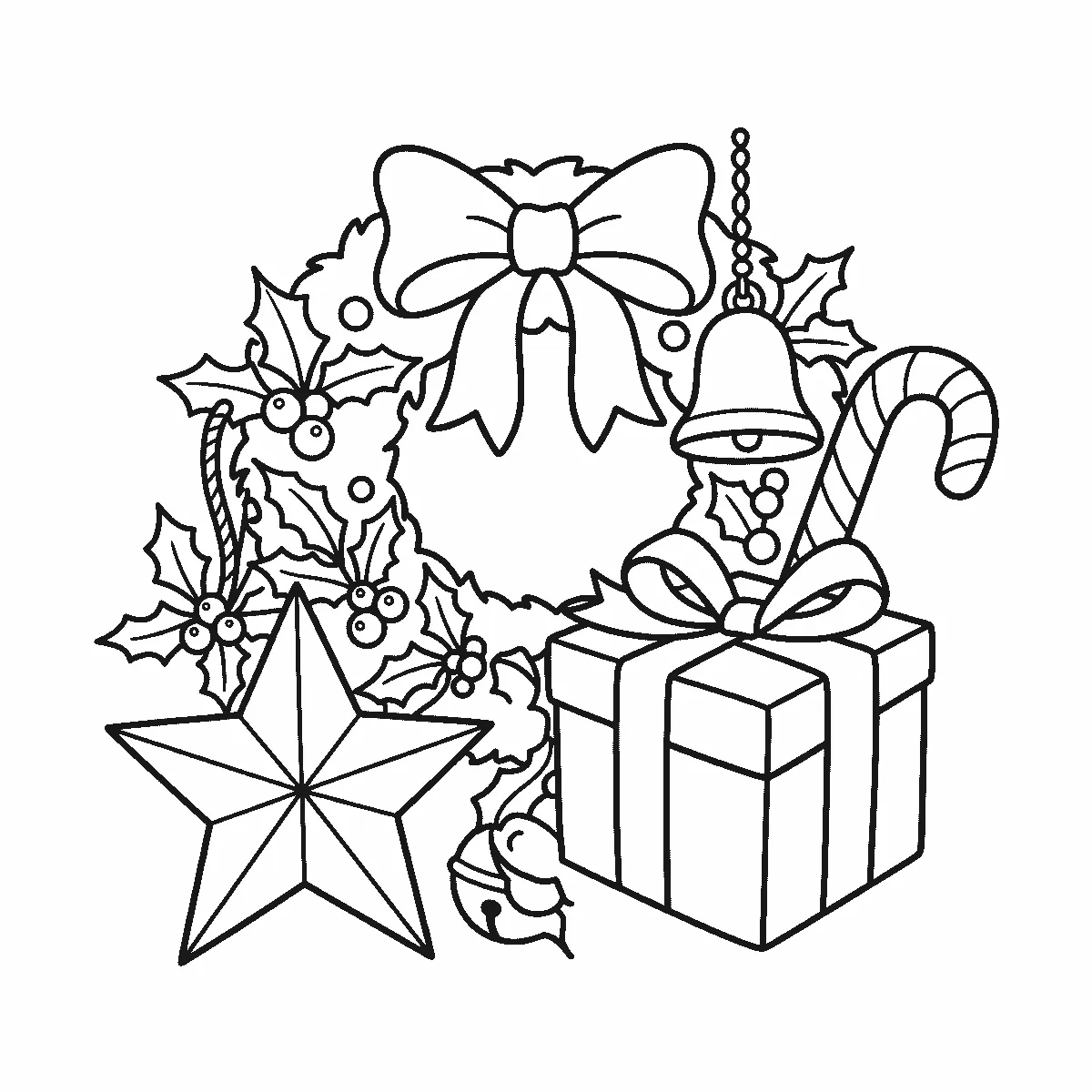 Een kerstkrans met een grote strik, een hangende bel, een gedraaide zuurstok, een ster met vijf punten en een cadeau met lint, getekend in zwarte lijnen op een witte achtergrond.