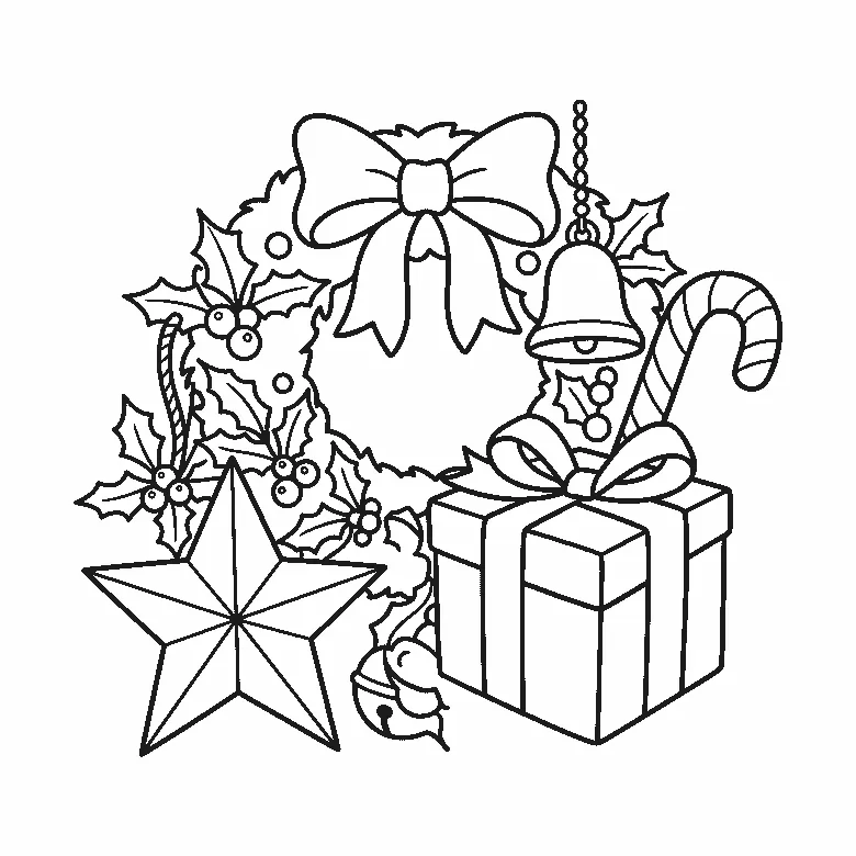Een kerstkrans met een grote strik, een hangende bel, een gedraaide zuurstok, een ster met vijf punten en een cadeau met lint, getekend in zwarte lijnen op een witte achtergrond.