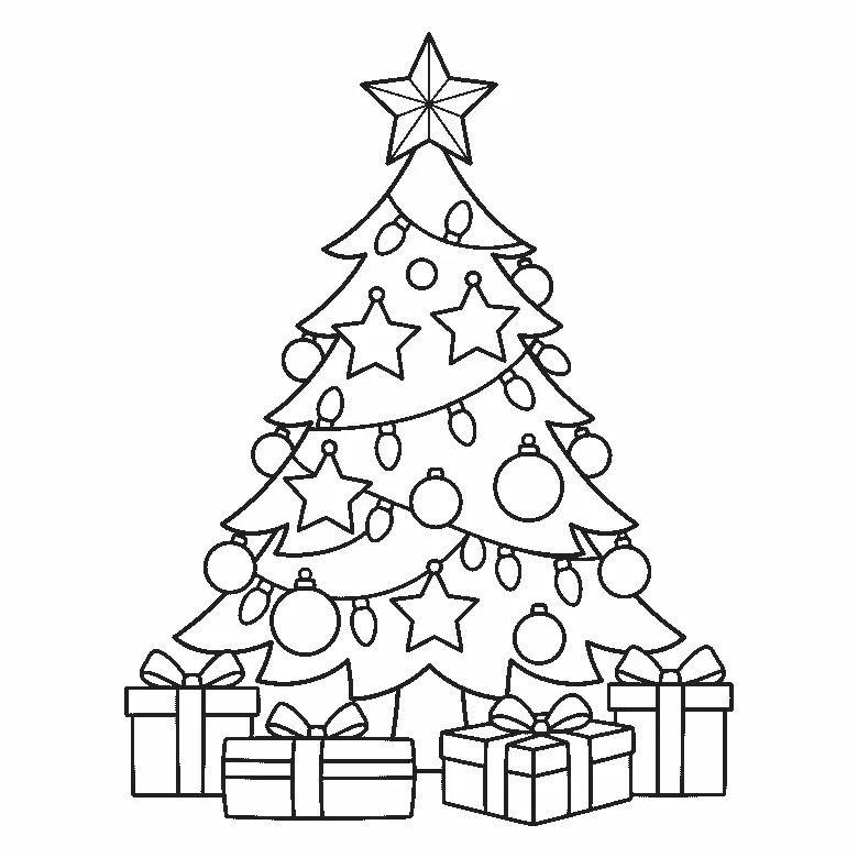 Een versierde kerstboom met een ster op de top, ronde kerstballen, stervormige ornamenten en lichtjesslingers, met een stapel cadeautjes onder de boom, getekend in zwarte lijnen op een witte achtergrond.