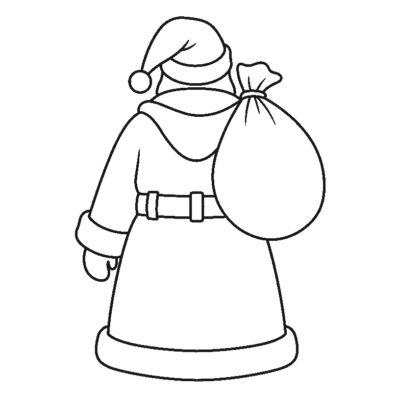 De kerstman van achteren, met de capuchon op zodat zijn gezicht niet zichtbaar is, een puntmuts met pompon, een brede riem en een grote zak over de schouder, getekend in zwarte lijnen op een witte achtergrond.