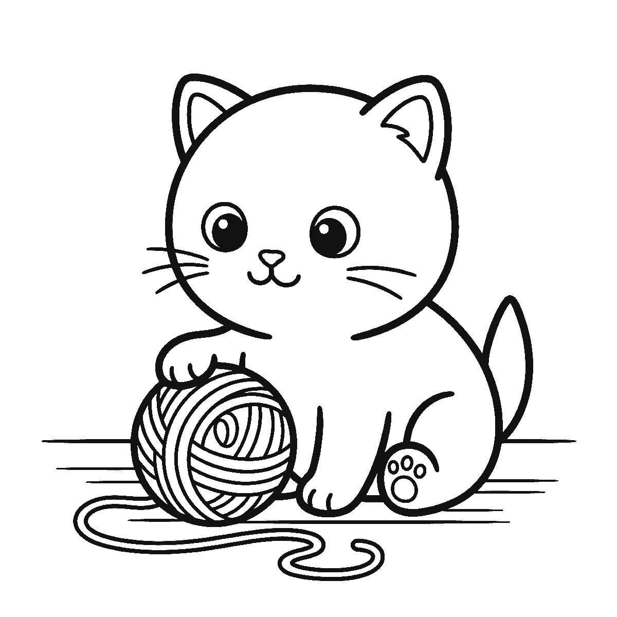 Een kitten zit op de grond en kijkt recht naar de kijker, met twee ronde ogen en een pootje op een bol wol waarvan een lang draadje losraakt, in zwarte lijnen op een witte achtergrond.