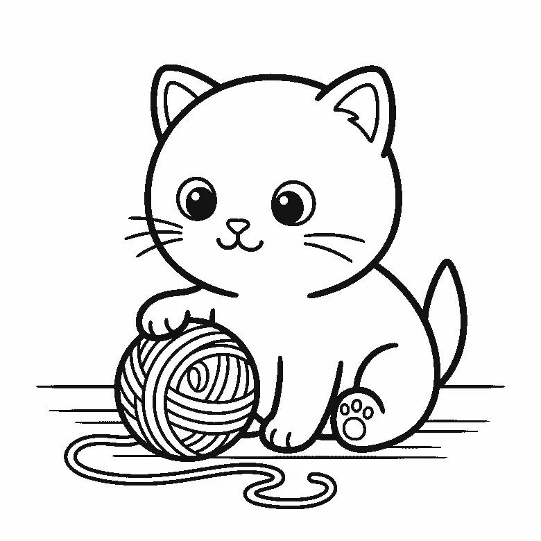 Een kitten zit op de grond en kijkt recht naar de kijker, met twee ronde ogen en een pootje op een bol wol waarvan een lang draadje losraakt, in zwarte lijnen op een witte achtergrond.