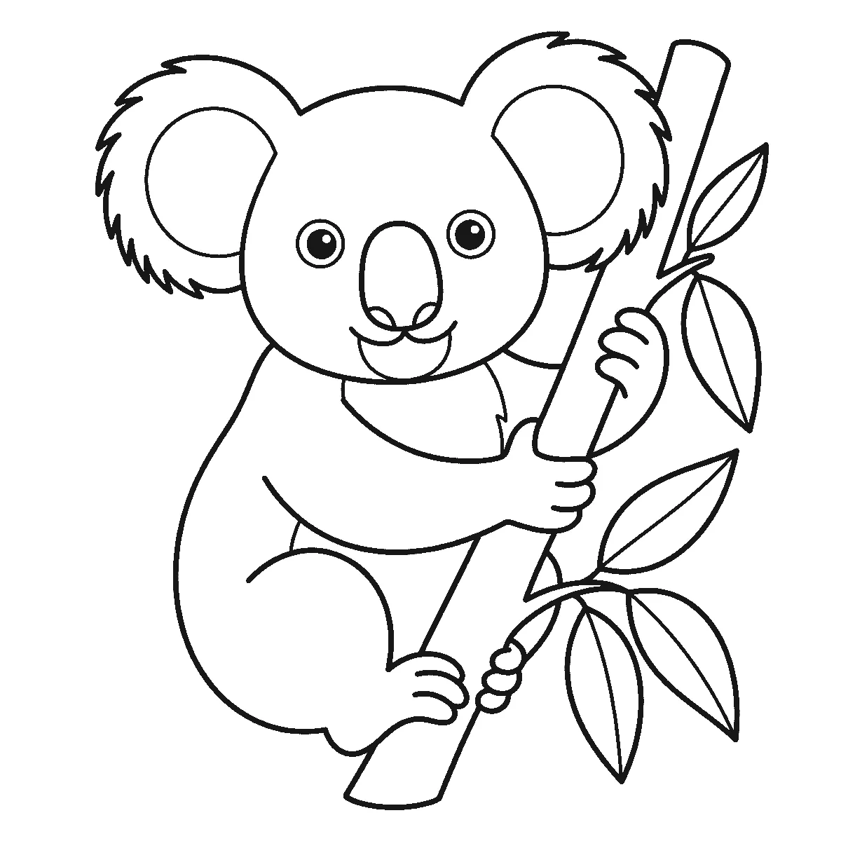 Een koala klemt zich vast aan een tak en kijkt naar voren, met twee ogen, ronde oren met een randje haartjes, een neus en bladeren op de tak, in zwarte lijnen op een witte achtergrond.