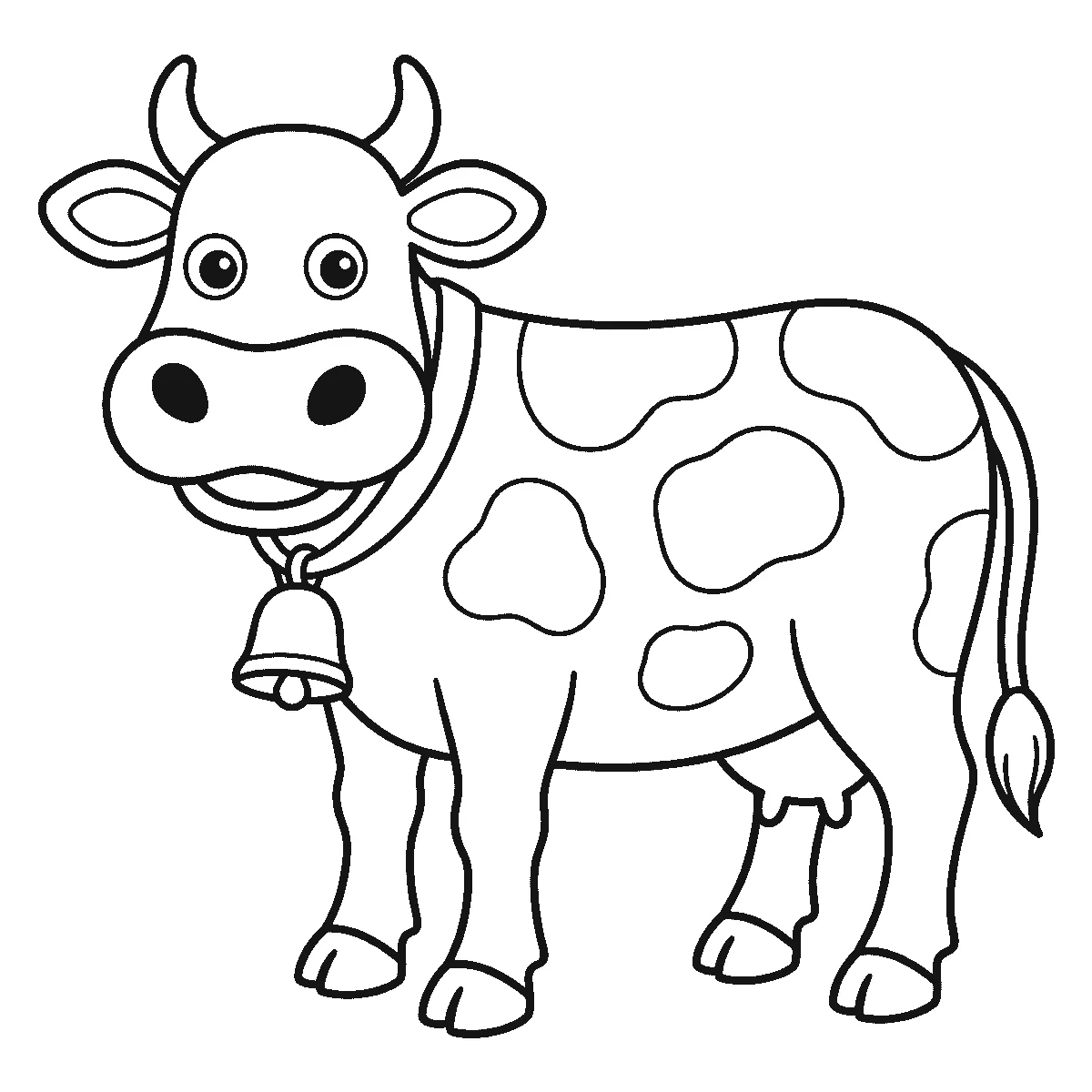 Een koe staat in profiel met de kop naar de kijker gedraaid, twee ogen, gekrulde hoorntjes, een bel om de nek en vlekken op de vacht, in zwarte lijnen op een witte achtergrond.