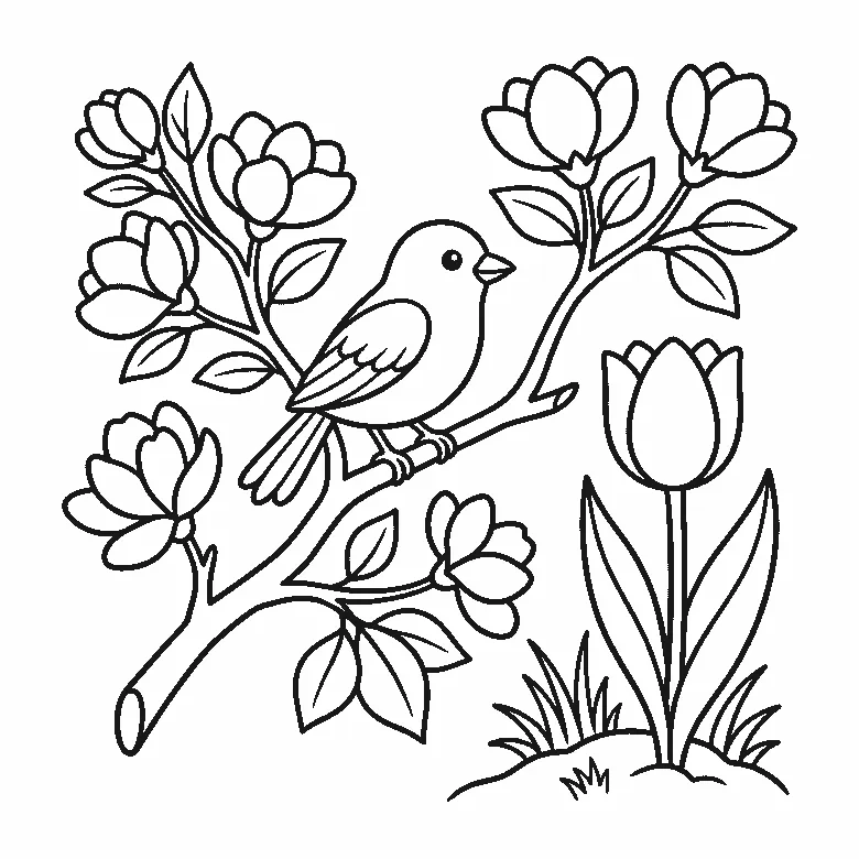 Een vogeltje zit zijwaarts op een bloesemtak naast een tulp die uit de grond groeit, omringd door bloemknoppen en blaadjes, getekend in zwarte lijnen op een witte achtergrond.