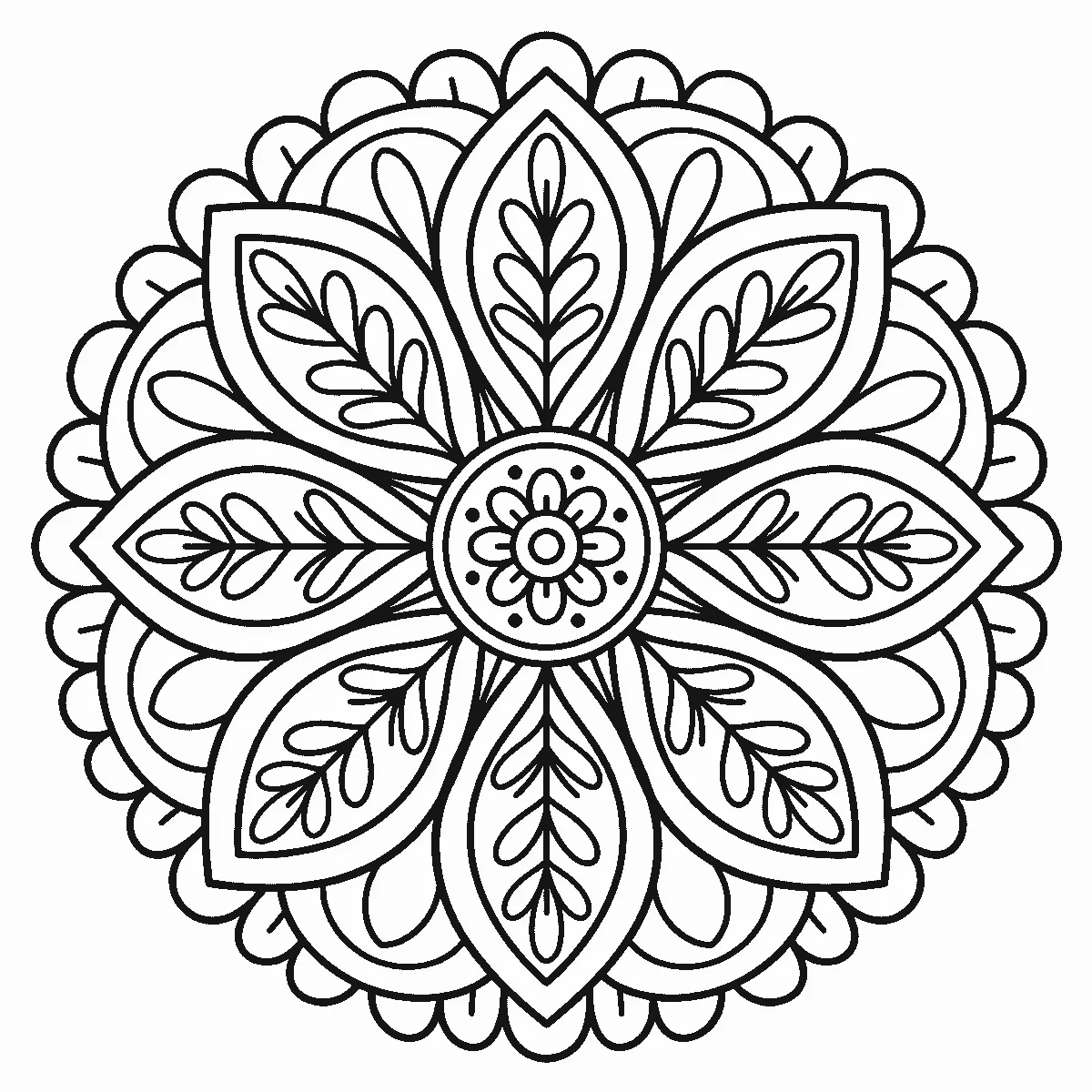 Een ronde mandala toont een bloem met acht grote, symmetrisch geplaatste bloembladen rond een kleiner bloemmotief in het midden, getekend in zwarte lijnen op een witte achtergrond.