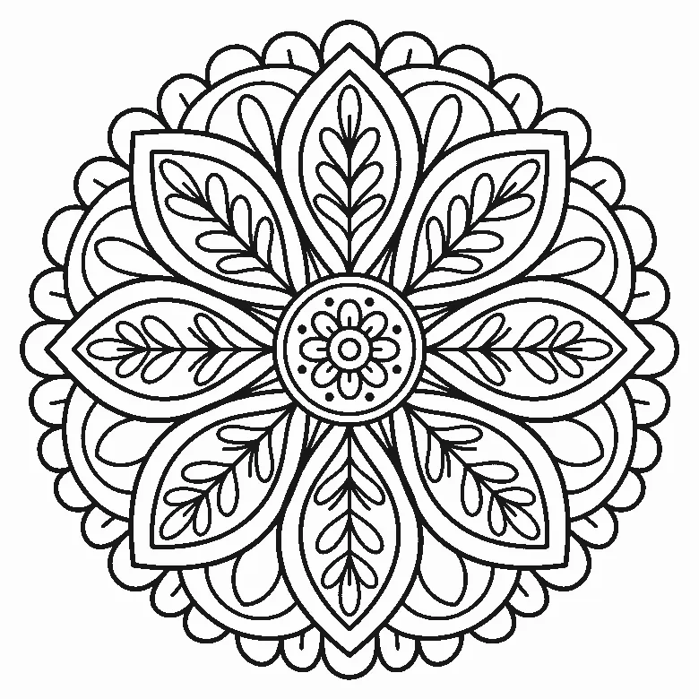 Een ronde mandala toont een bloem met acht grote, symmetrisch geplaatste bloembladen rond een kleiner bloemmotief in het midden, getekend in zwarte lijnen op een witte achtergrond.