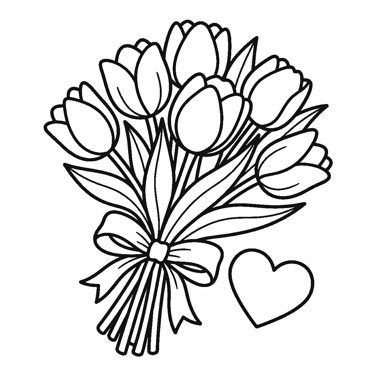 Een bos tulpen met lange bladeren is samengebonden met een grote strik, met een leeg hartvormig kaartje ernaast, getekend in zwarte lijnen op een witte achtergrond.