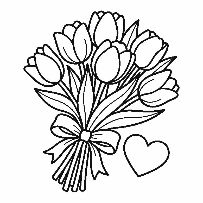 Een bos tulpen met lange bladeren is samengebonden met een grote strik, met een leeg hartvormig kaartje ernaast, getekend in zwarte lijnen op een witte achtergrond.