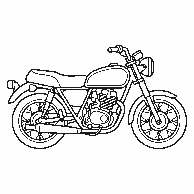 Een motorfiets van opzij met twee grote spaakwielen, een brandstoftank, een stuur en een uitlaat, met het motorblok goed zichtbaar, getekend in zwarte lijnen op een witte achtergrond.