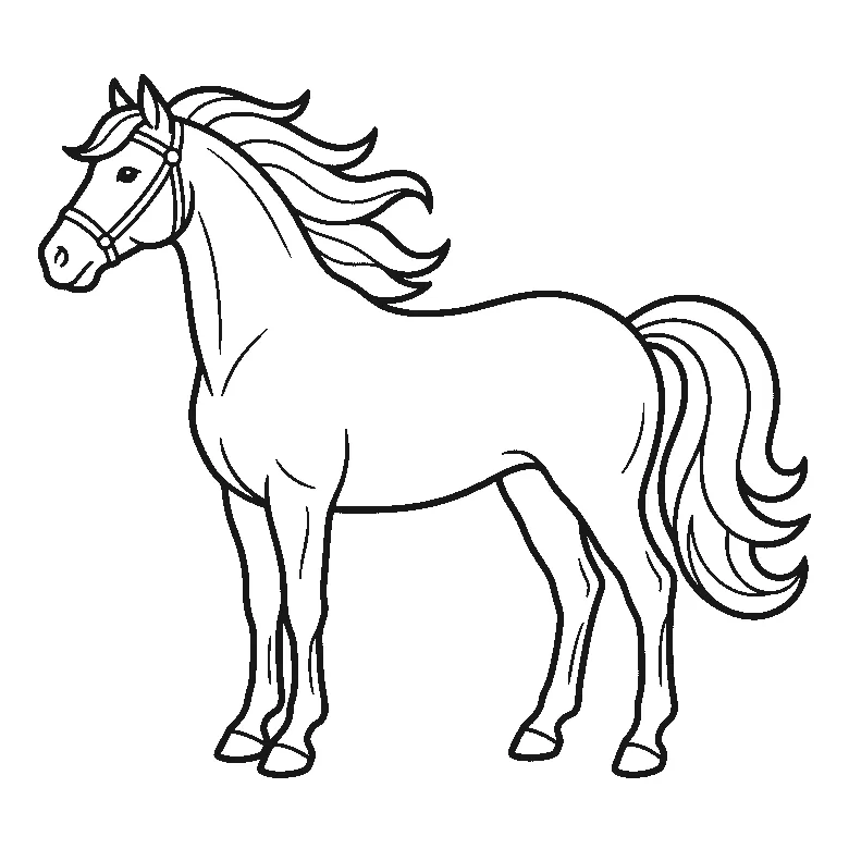 Een paard staat in zijaanzicht met de kop naar links, heeft één zichtbaar oog, golvende manen en staart, en draagt een eenvoudig hoofdstel om de neus, in zwarte lijnen op een witte achtergrond.