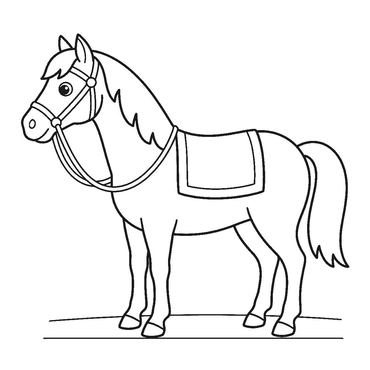 Het paard van Sinterklaas staat stil op een grondlijn, met de kop naar de kijker gedraaid en één zichtbaar rond oog, een hoofdstel met een band over de neus, een zadeldek met een brede rand over de rug en een volle manen en staart, in zwarte lijnen op een witte achtergrond.