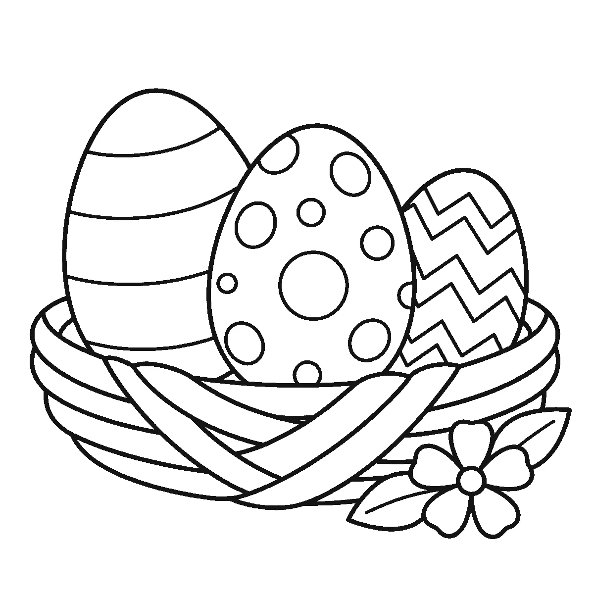 Drie grote paaseieren met verschillende patronen van strepen, stippen en zigzaglijnen staan naast elkaar in een gevlochten nest, met een bloem en blaadjes ernaast, getekend in zwarte lijnen op een witte achtergrond.
