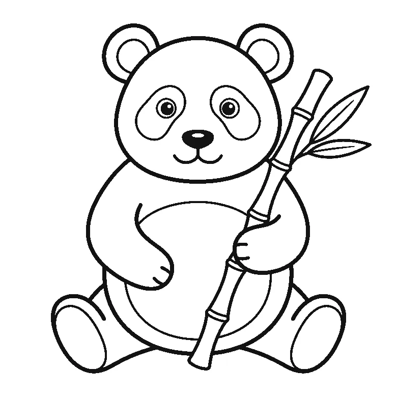 Een panda zit rechtop en kijkt naar voren terwijl hij een bamboestengel vasthoudt, met twee ogen in donkere vlekken, ronde oren en een lichte buikvlek, in zwarte lijnen op een witte achtergrond.