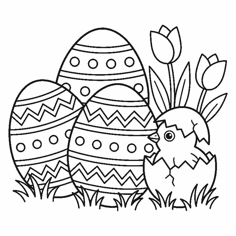 Drie grote paaseieren met stippen en zigzaglijnen staan in het gras, een kuikentje met één duidelijk oog kruipt uit een gebarsten ei en twee tulpen staan ernaast, getekend in zwarte lijnen op een witte achtergrond.