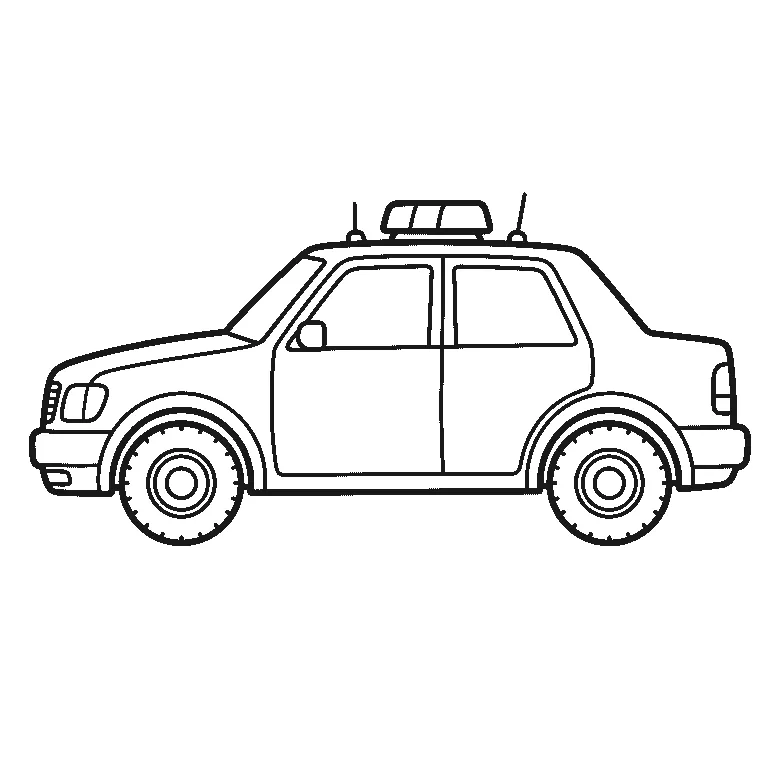 Een politieauto van opzij, hoekig en eenvoudig van vorm, met een zwaailicht en twee antennes op het dak en twee grote ronde wielen, getekend in zwarte lijnen op een witte achtergrond.