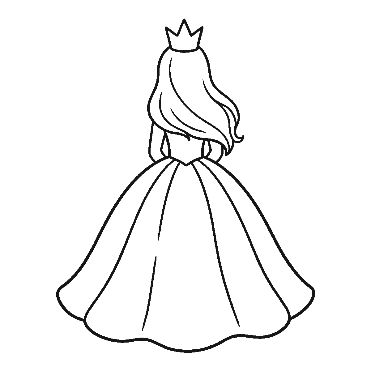 Een prinses is van achteren te zien in een wijde jurk met volle rok, met lang haar onder een puntige kroon, zonder zichtbaar gezicht, getekend in zwarte lijnen op een witte achtergrond.