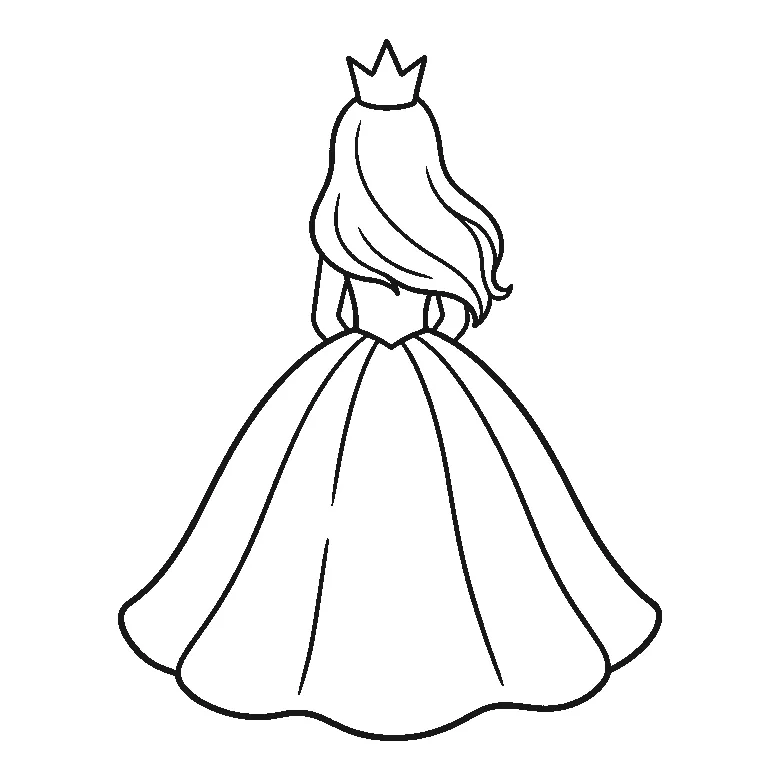 Een prinses is van achteren te zien in een wijde jurk met volle rok, met lang haar onder een puntige kroon, zonder zichtbaar gezicht, getekend in zwarte lijnen op een witte achtergrond.