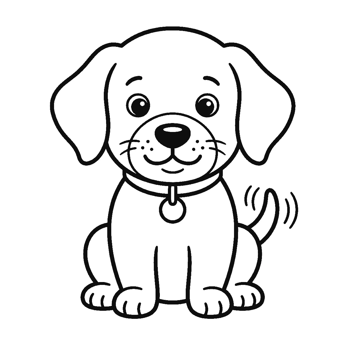 Een puppy zit rechtop en kijkt recht naar de kijker, met twee grote ronde ogen, lange hangoren, een halsband met een rond plaatje eraan en een kwispelende staart met bewegingslijntjes, in zwarte lijnen op een witte achtergrond.