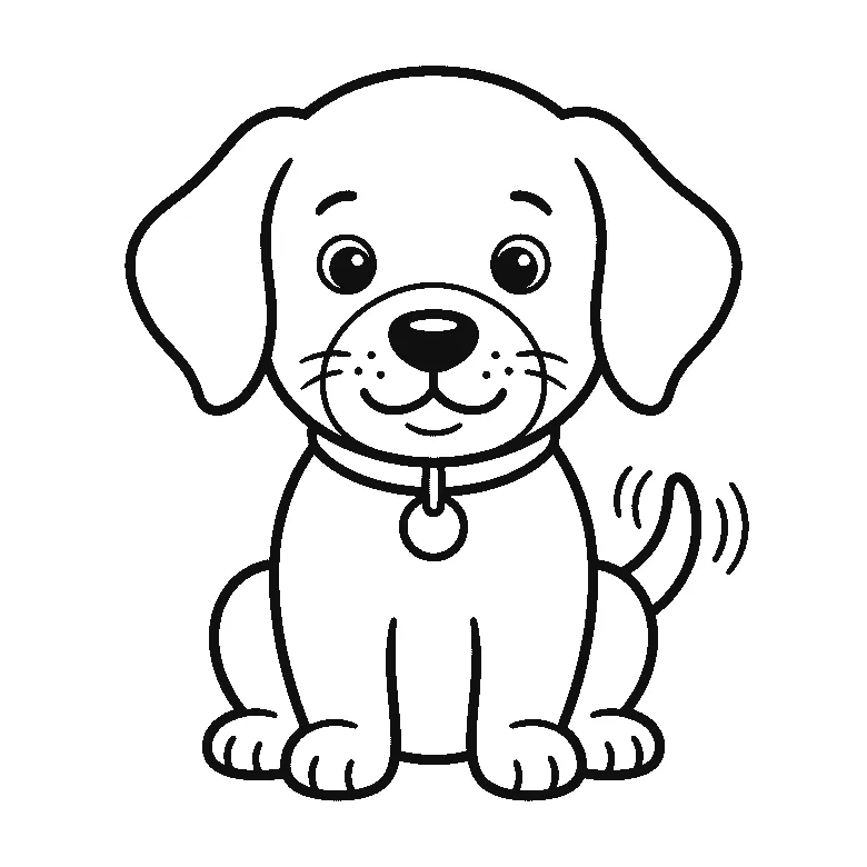 Een puppy zit rechtop en kijkt recht naar de kijker, met twee grote ronde ogen, lange hangoren, een halsband met een rond plaatje eraan en een kwispelende staart met bewegingslijntjes, in zwarte lijnen op een witte achtergrond.