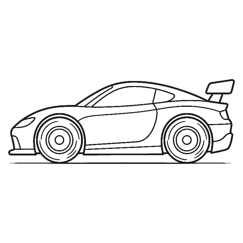 Een raceauto van opzij met een lage neus, brede wielen en een grote achtervleugel, met een egale carrosserie zonder tekst of logo's, getekend in zwarte lijnen op een witte achtergrond.