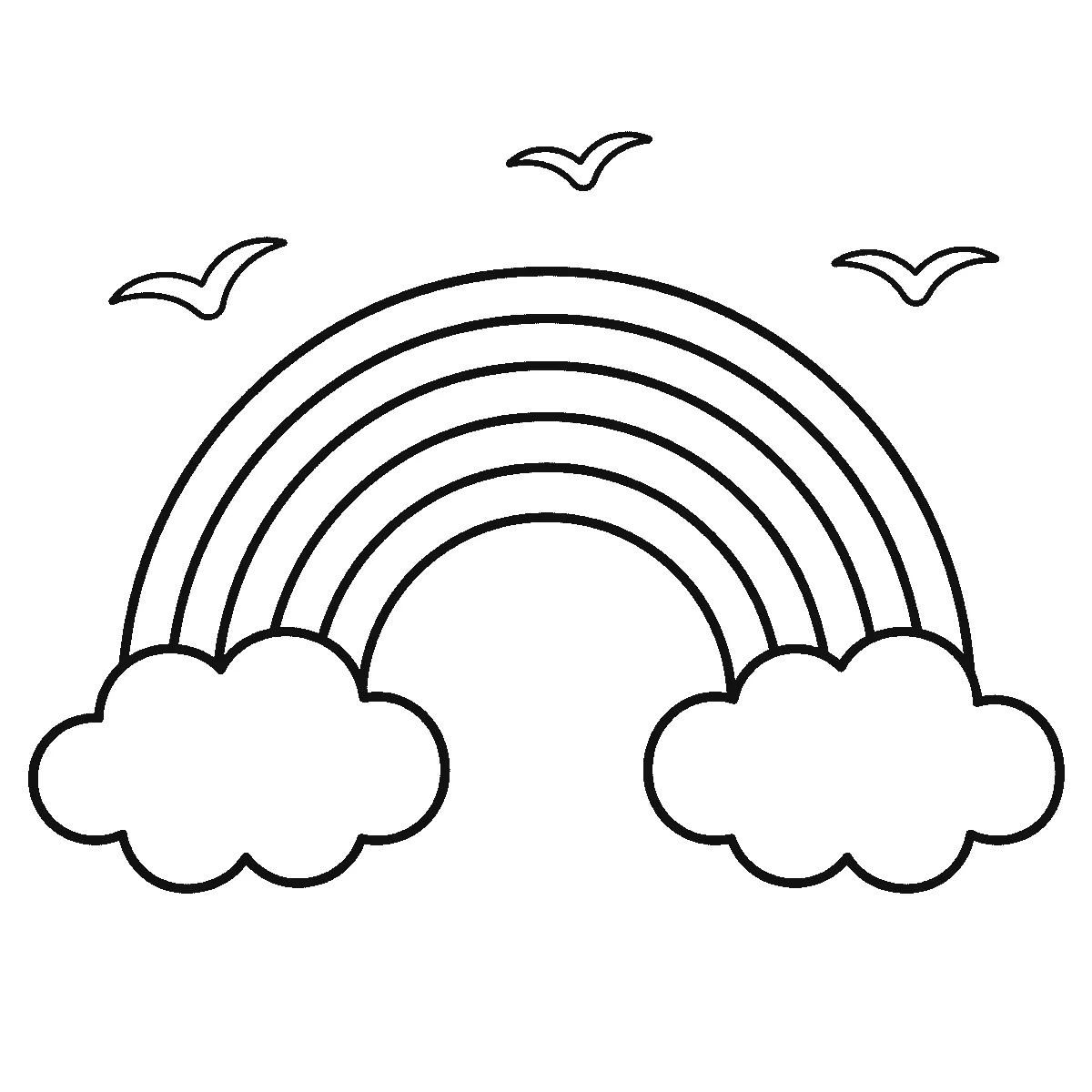 Een regenboog van meerdere gebogen banen eindigt aan elke kant in een ronde wolk, met drie eenvoudige V-vormige vogels boven de boog, getekend in zwarte lijnen op een witte achtergrond.