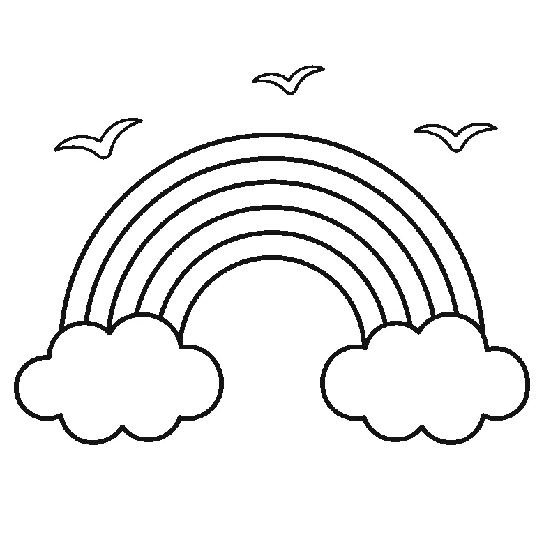 Een regenboog van meerdere gebogen banen eindigt aan elke kant in een ronde wolk, met drie eenvoudige V-vormige vogels boven de boog, getekend in zwarte lijnen op een witte achtergrond.